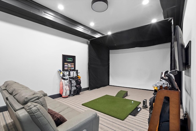 carpeted cinema room featuring golf simulator and recessed lighting