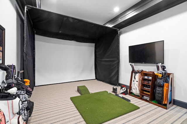 playroom featuring golf simulator and carpet