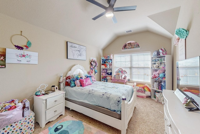 1433 Ocotillo Ln, Fort Worth, TX 76177 - bedroom featuring light colored carpet, lofted ceiling, and a ceiling fan