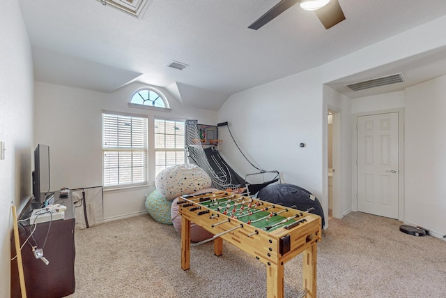 1433 Ocotillo Ln, Fort Worth, TX 76177 - recreation room featuring carpet floors, a ceiling fan, vaulted ceiling, and baseboards