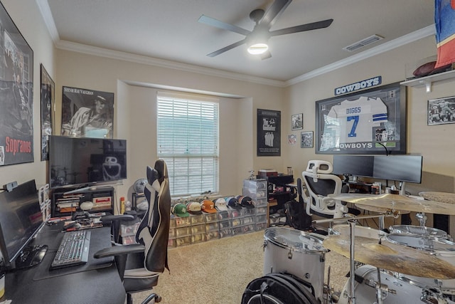 1433 Ocotillo Ln, Fort Worth, TX 76177 - carpeted home office with a ceiling fan and crown molding