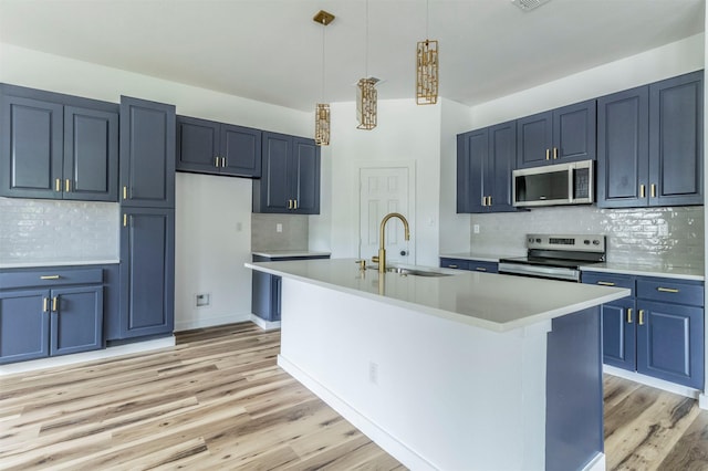 1014 Trinity St, Cleburne, TX 76031 - kitchen featuring appliances with stainless steel finishes, decorative backsplash, light countertops, and light wood finished floors