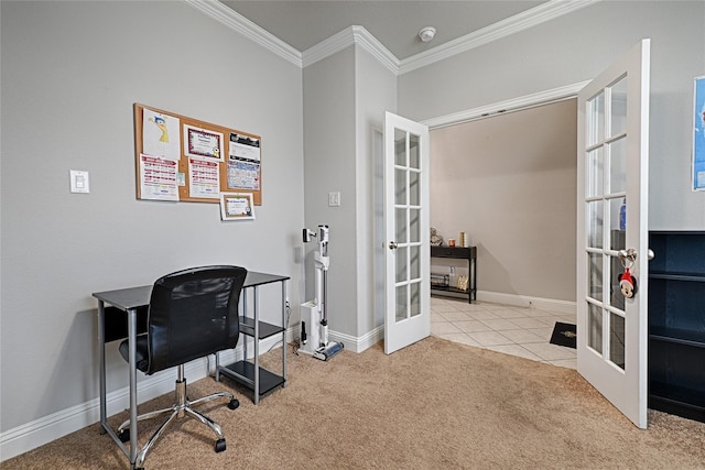 carpeted office with tile patterned flooring, ornamental molding, baseboards, and french doors