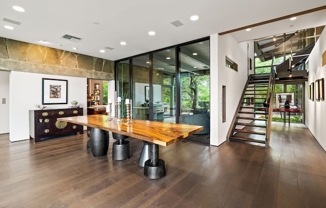 6124 Saint Andrews Dr, University Park, TX 75205 - dining area featuring wood finished floors, stairs, expansive windows, and recessed lighting