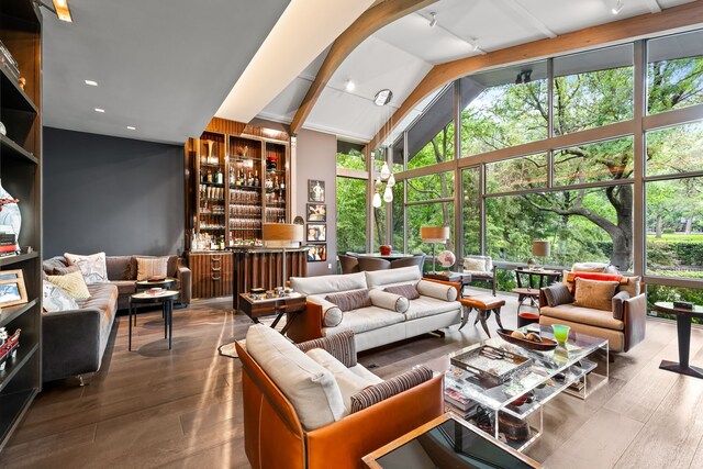 6124 Saint Andrews Dr, University Park, TX 75205 - interior space with floor to ceiling windows, high vaulted ceiling, and hardwood / wood-style flooring