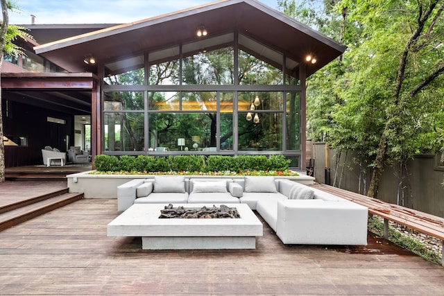 6124 Saint Andrews Dr, University Park, TX 75205 - view of patio featuring an outdoor living space with a fire pit, a wooden deck, and a sunroom