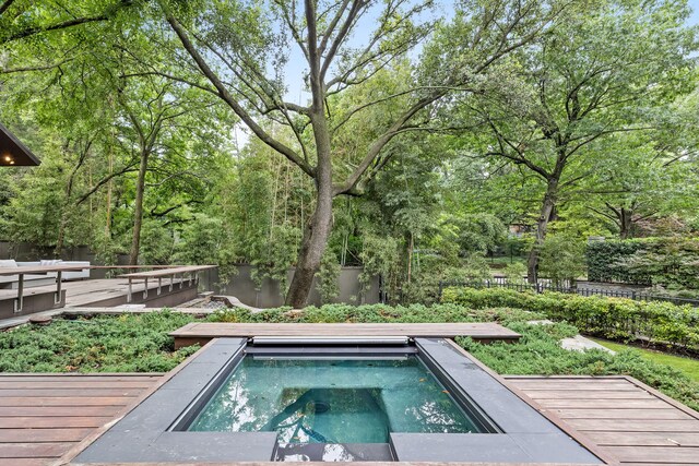 6124 Saint Andrews Dr, University Park, TX 75205 - view of pool with an in ground hot tub, fence, and a wooden deck