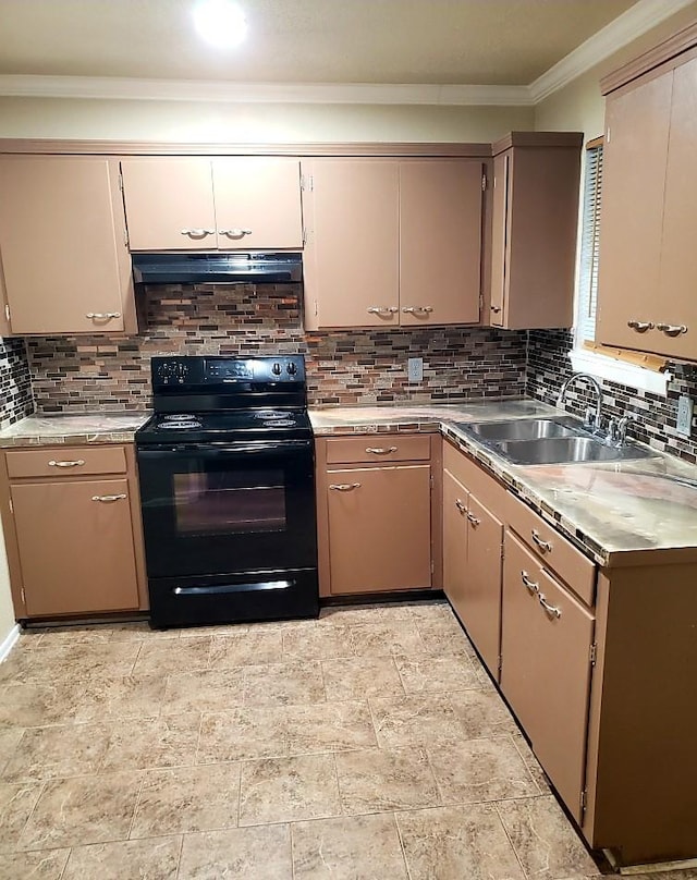 kitchen with electric range, a sink, under cabinet range hood, crown molding, and light countertops
