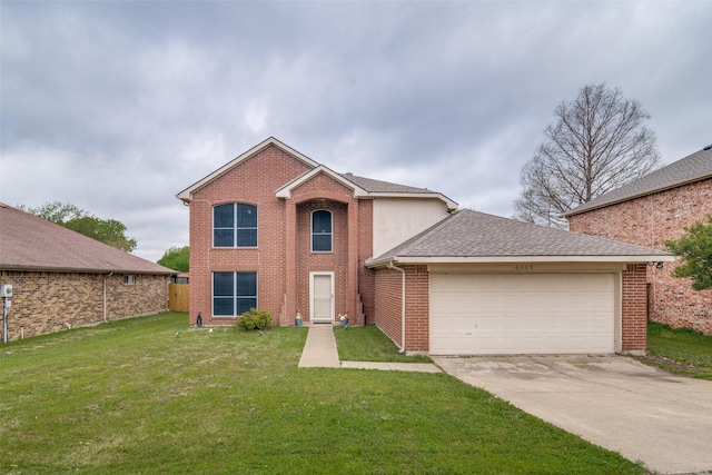 6109 Sasaki Way, Garland, TX 75043 - traditional-style home featuring a garage, driveway, brick siding, a front yard, and roof with shingles
