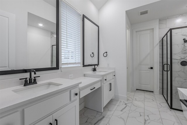 3509 Mescalbean Dr, Mckinney, TX 75071 - full bath featuring marble finish floor, visible vents, a marble finish shower, and vanity
