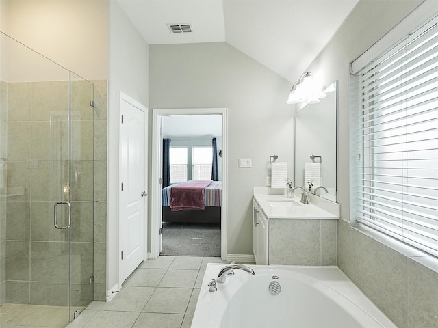 full bath featuring vanity, ensuite bath, visible vents, a stall shower, and tile patterned flooring