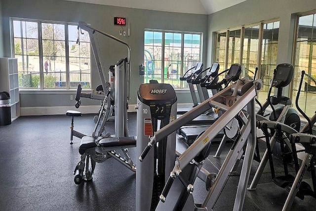 2710 Willow Ln, Melissa, TX 75454 - workout area featuring lofted ceiling and baseboards