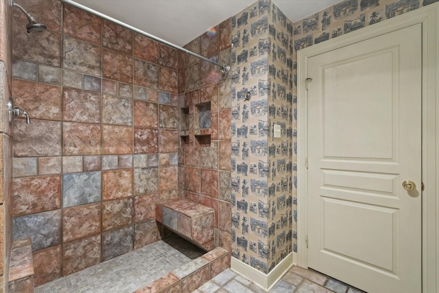 2020 Sauls Ln, Denton, TX 76209 - full bath with baseboards, wallpapered walls, and a tile shower
