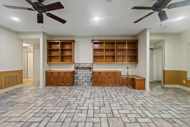 2020 Sauls Ln, Denton, TX 76209 - unfurnished living room featuring crown molding, visible vents, baseboards, and ceiling fan
