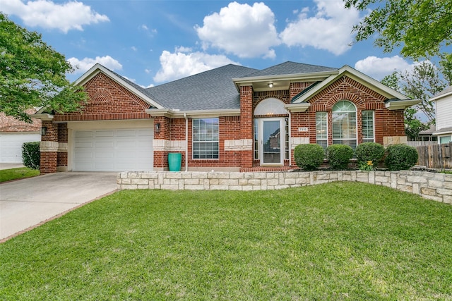 7916 Stansfield Dr, Fort Worth, TX 76137 - ranch-style home with an attached garage, a shingled roof, a front lawn, brick siding, and driveway