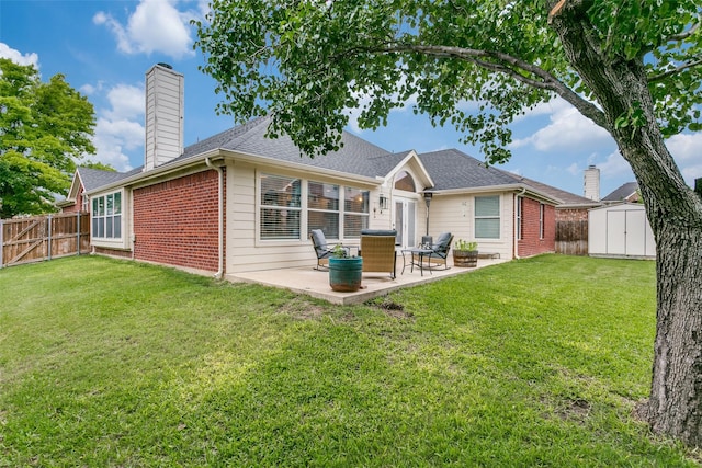 7916 Stansfield Dr, Fort Worth, TX 76137 - back of house with brick siding, a patio, a shed, a fenced backyard, and a chimney
