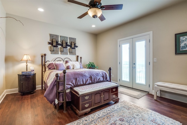 bedroom with access to outside, french doors, baseboards, and multiple windows