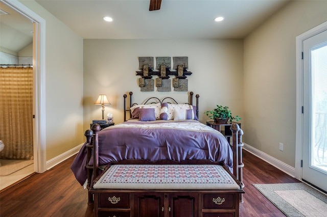 bedroom featuring baseboards, dark wood-style flooring, and recessed lighting