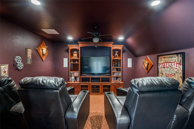 carpeted cinema room featuring vaulted ceiling, ceiling fan, and recessed lighting