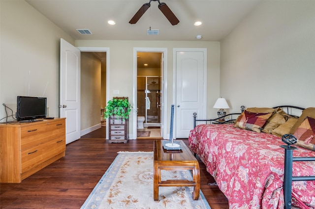 bedroom featuring visible vents, wood finished floors, baseboards, and recessed lighting