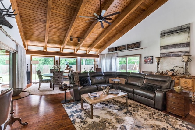 living room with ceiling fan, beam ceiling, wood ceiling, and wood finished floors