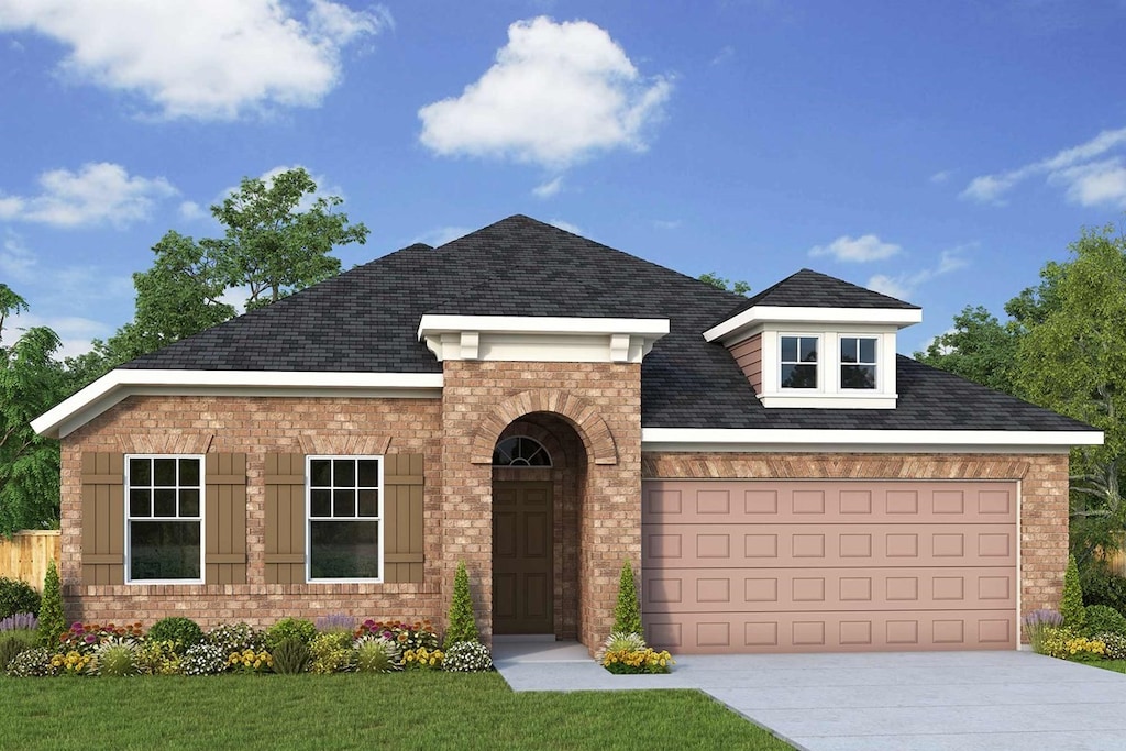 view of front of house featuring an attached garage, brick siding, driveway, a front lawn, and a shingled roof