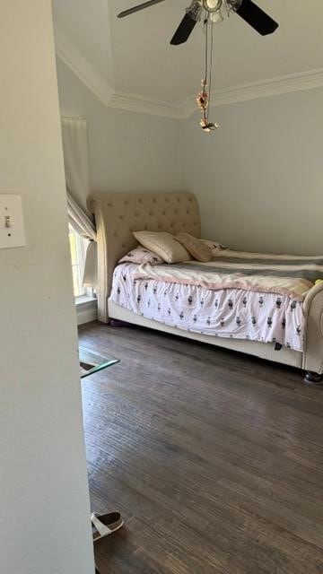 1512 Chester Dr, Plano, TX 75025 - bedroom featuring crown molding, wood finished floors, a ceiling fan, and lofted ceiling