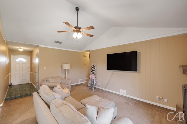 3749 Oldham Ln, Abilene, TX 79602 - carpeted living area featuring a ceiling fan, visible vents, baseboards, and lofted ceiling