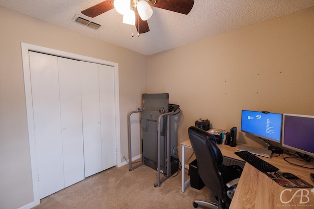 3749 Oldham Ln, Abilene, TX 79602 - office area featuring ceiling fan, a textured ceiling, carpet, and visible vents