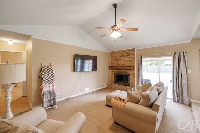 3749 Oldham Ln, Abilene, TX 79602 - living area with a fireplace, light carpet, baseboards, ceiling fan, and vaulted ceiling