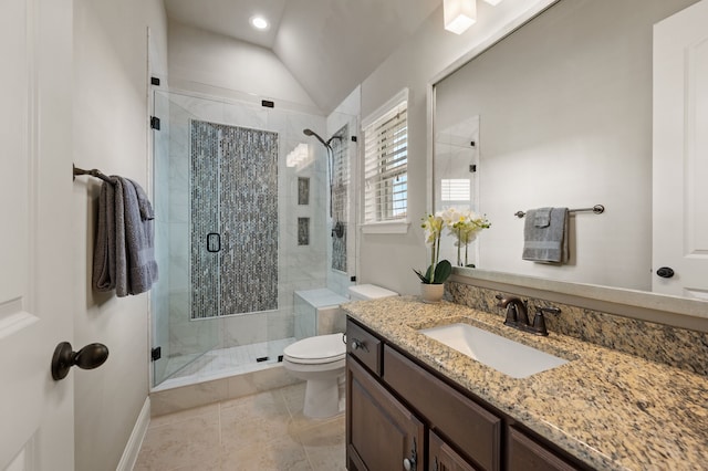 bathroom featuring toilet, lofted ceiling, a stall shower, vanity, and recessed lighting