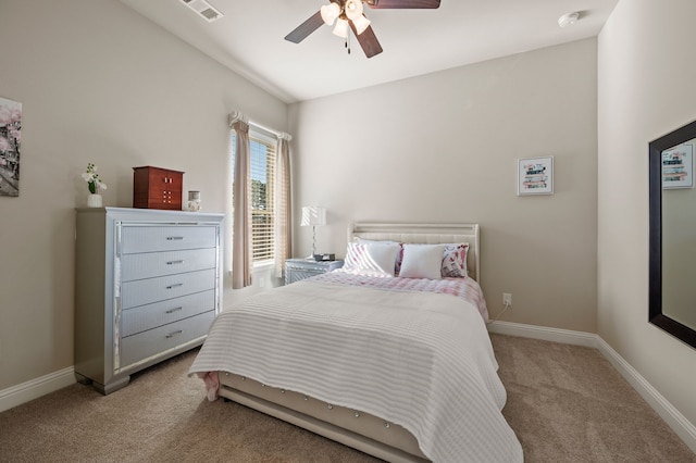 bedroom featuring carpet flooring, ceiling fan, and baseboards