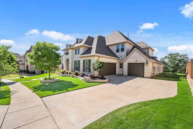 french provincial home with stone siding, an attached garage, driveway, and a shingled roof