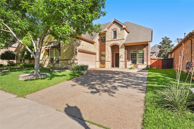 french provincial home featuring concrete driveway, stone siding, a front lawn, and fence