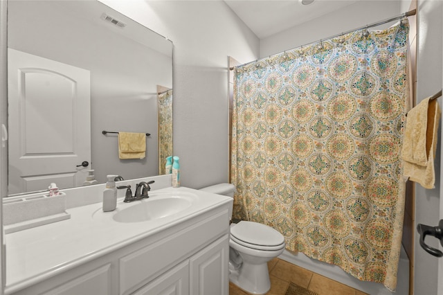 full bathroom with toilet, shower / bath combo with shower curtain, visible vents, tile patterned flooring, and vanity