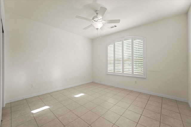 empty room with visible vents, baseboards, and a ceiling fan