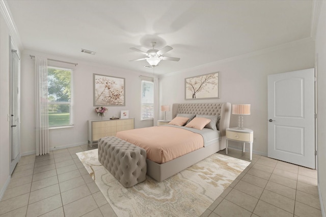 bedroom featuring light tile patterned floors, baseboards, ornamental molding, ceiling fan, and visible vents