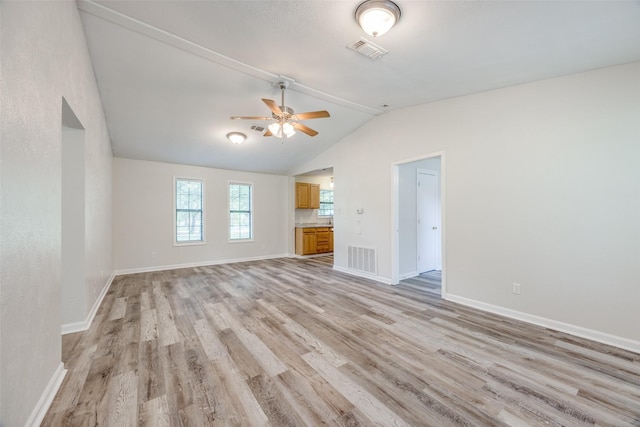 1509 Mitchell Dr, Bonham, TX 75418 - unfurnished living room featuring light wood finished floors, lofted ceiling, a ceiling fan, and visible vents