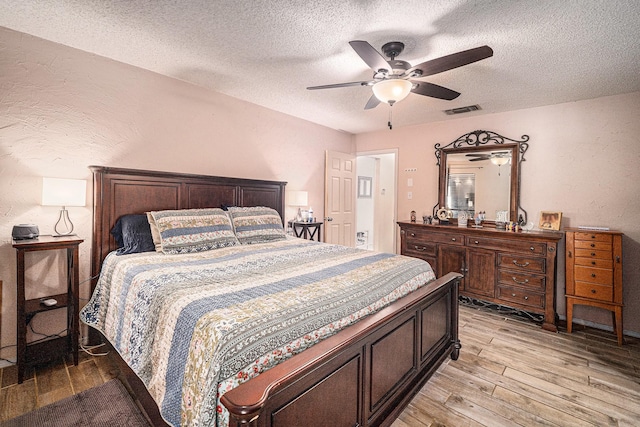 3811 Pelham Mnr, Arlington, TX 76016 - bedroom with a textured ceiling, a ceiling fan, visible vents, and light wood-style floors