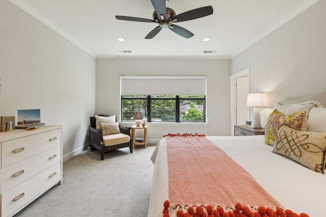 431 Blanning Dr, Dallas, TX 75218 - bedroom with crown molding, light carpet, ceiling fan, and visible vents