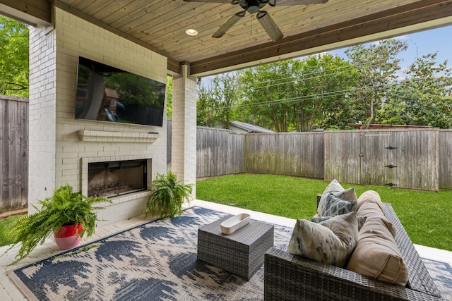 431 Blanning Dr, Dallas, TX 75218 - view of patio featuring an outdoor living space with a fireplace, ceiling fan, and a fenced backyard
