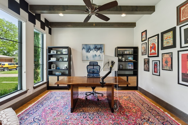 431 Blanning Dr, Dallas, TX 75218 - office area with a ceiling fan, wood finished floors, baseboards, and beamed ceiling