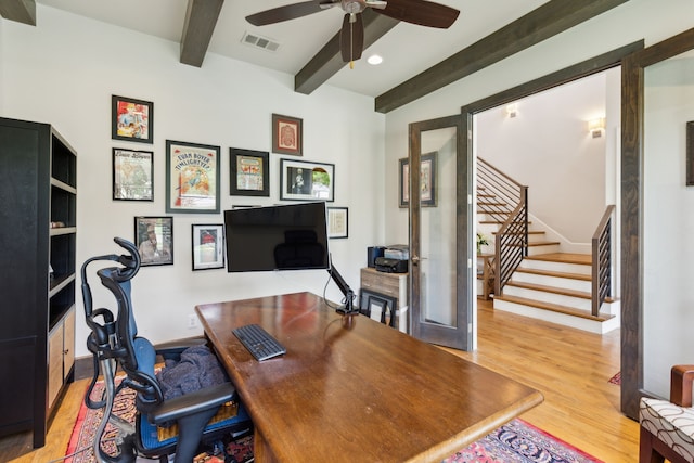 431 Blanning Dr, Dallas, TX 75218 - office space featuring a ceiling fan, recessed lighting, visible vents, wood finished floors, and beam ceiling