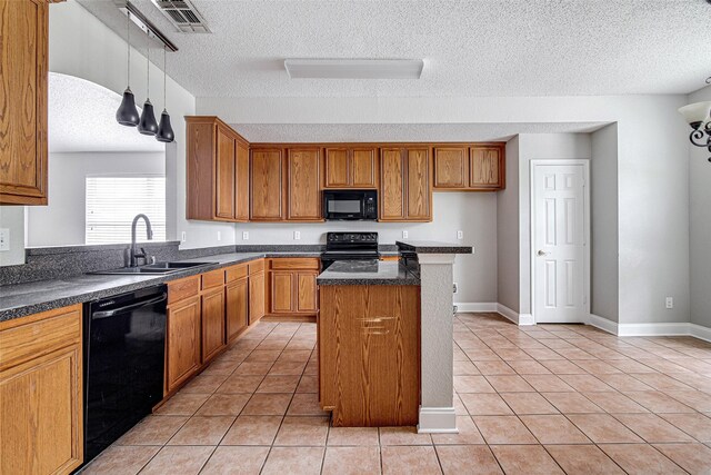 1001 Benjamin Dr, Burleson, TX 76028 - kitchen with a sink, dark countertops, a textured ceiling, and black appliances