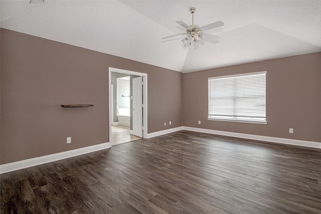 1001 Benjamin Dr, Burleson, TX 76028 - unfurnished room featuring ceiling fan, lofted ceiling, baseboards, and dark wood finished floors