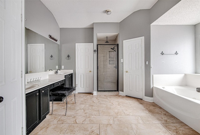 1001 Benjamin Dr, Burleson, TX 76028 - bathroom featuring a sink, a stall shower, double vanity, baseboards, and a bath