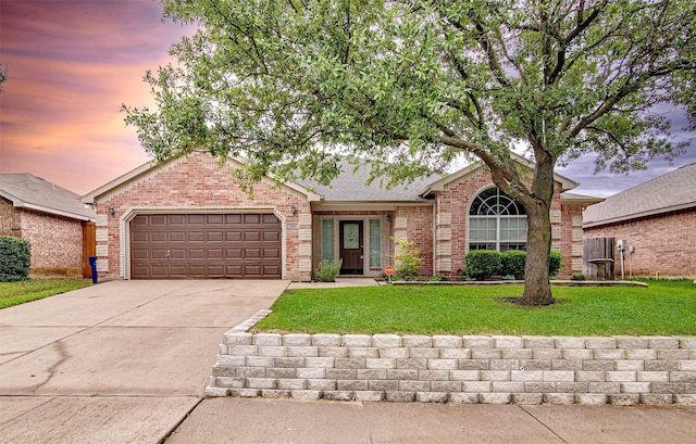 1001 Benjamin Dr, Burleson, TX 76028 - ranch-style house featuring driveway, a garage, brick siding, and a front yard