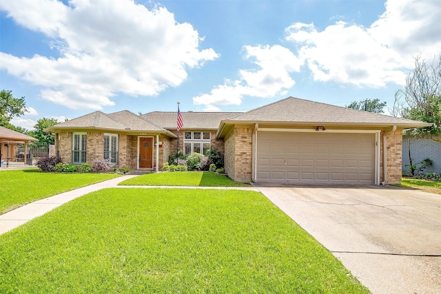 ranch-style house with driveway, an attached garage, a front lawn, and brick siding