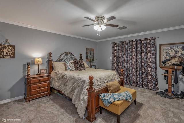 103 Maple Leaf Ln, Haughton, LA 71037 - bedroom featuring crown molding, carpet flooring, ceiling fan, and visible vents
