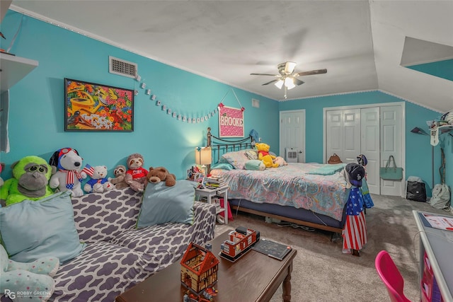 103 Maple Leaf Ln, Haughton, LA 71037 - bedroom with a ceiling fan, carpet floors, visible vents, lofted ceiling, and ornamental molding